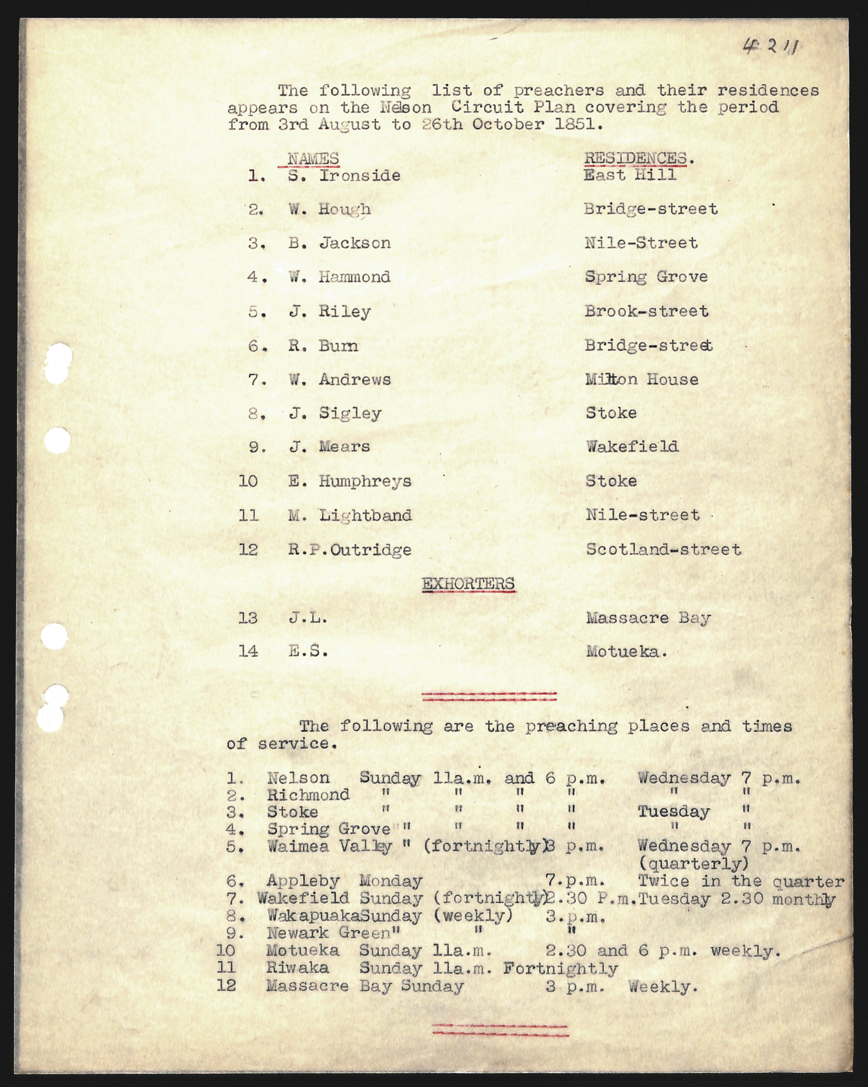 Scan of a document listing the teachers and their residences.